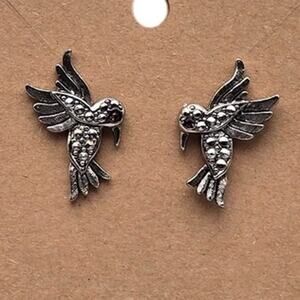 Avon Marcasite Bird Stud Earrings Red Rhinestone Eyes Silver Gothic Whimsical